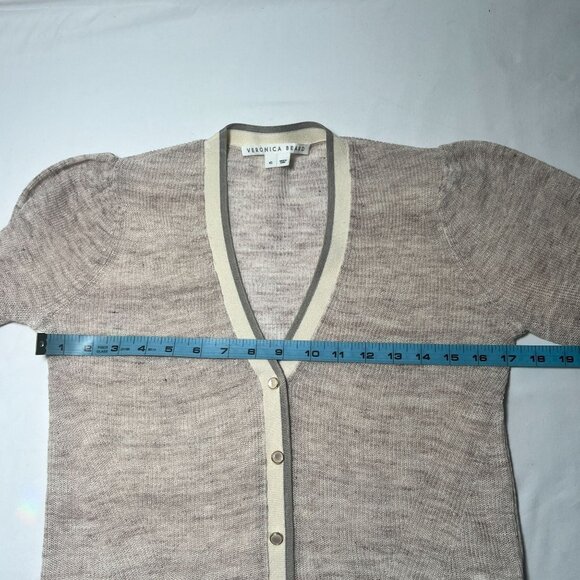 Veronica Beard Mott Linen Cardigan Beige Gray XS Designer Contrast Trim Ribbed - Picture 9 of 16